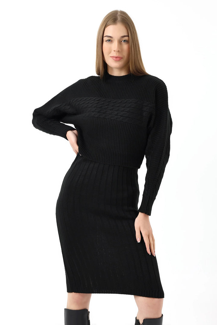 Dark Black Turtleneck Knitted Crop Sweater and Knitted Dress Set BC231004 - Tours