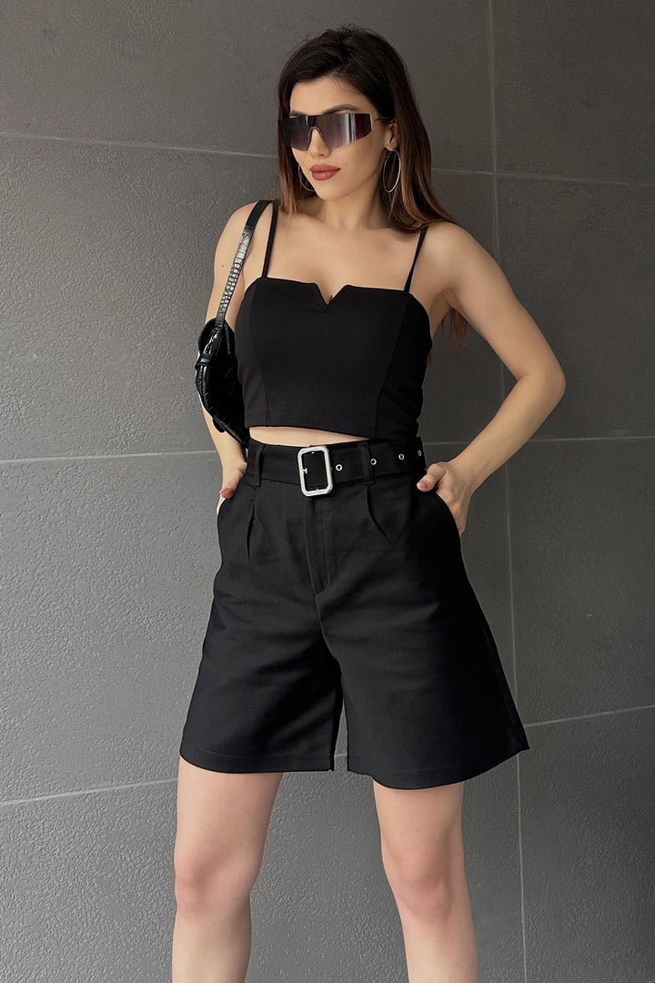 Dark Black Bird Eye Belted Wide Leg Mom Fit Shorts BCDF-233500 - Zákynthos