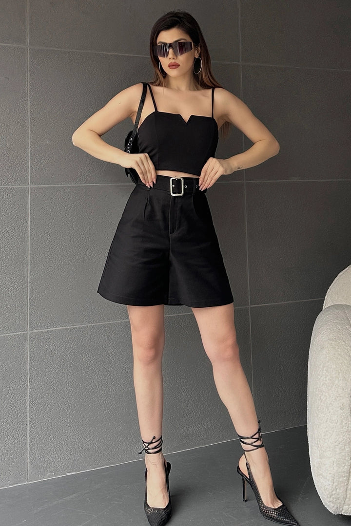 Dark Black Bird Eye Belted Wide Leg Mom Fit Shorts BCDF-233500 - Zákynthos