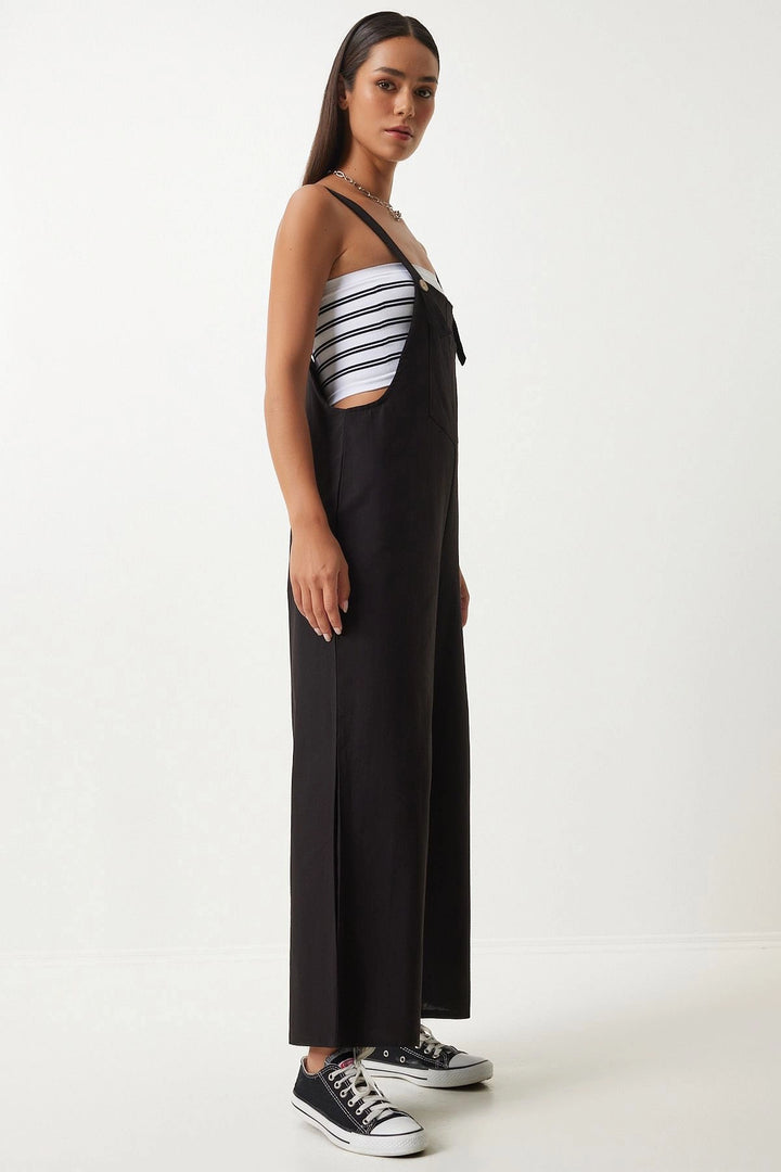 Dark Black Front Pocketed Strapped Summer Gabardine Gardener Jumpsuit - Brampton