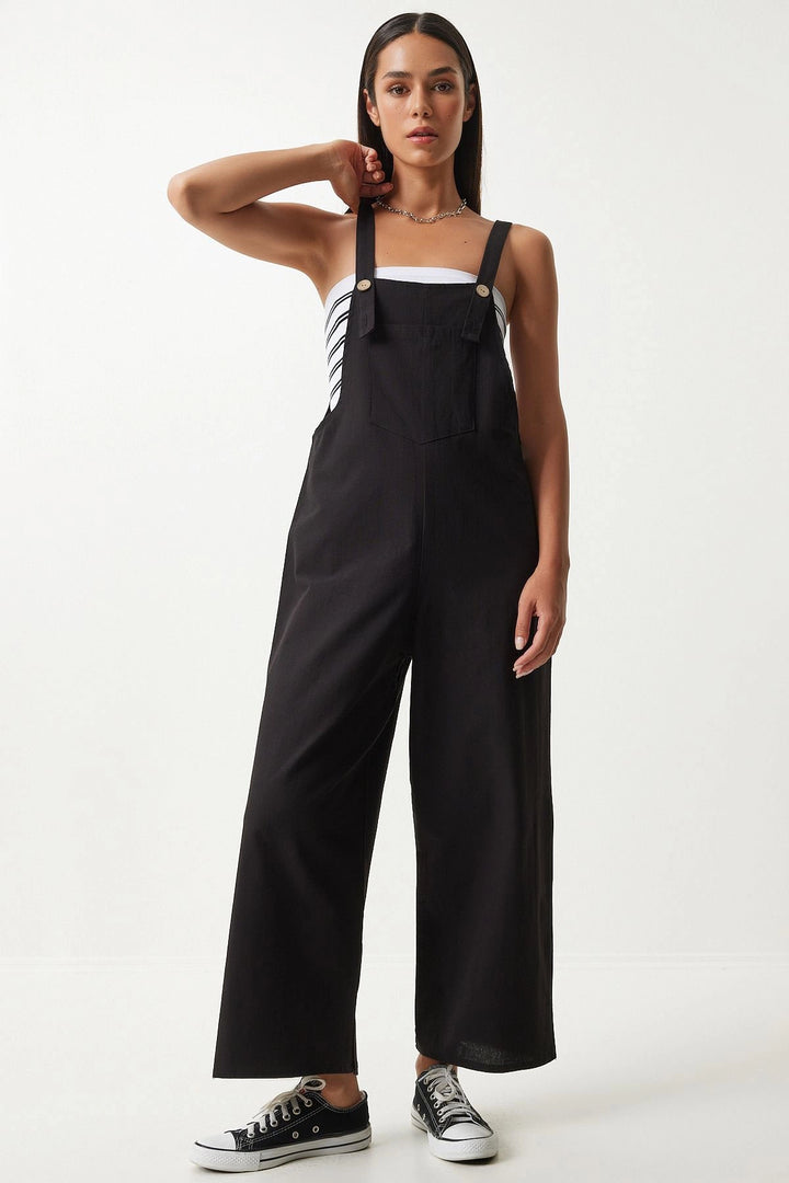 Dark Black Front Pocketed Strapped Summer Gabardine Gardener Jumpsuit - Brampton