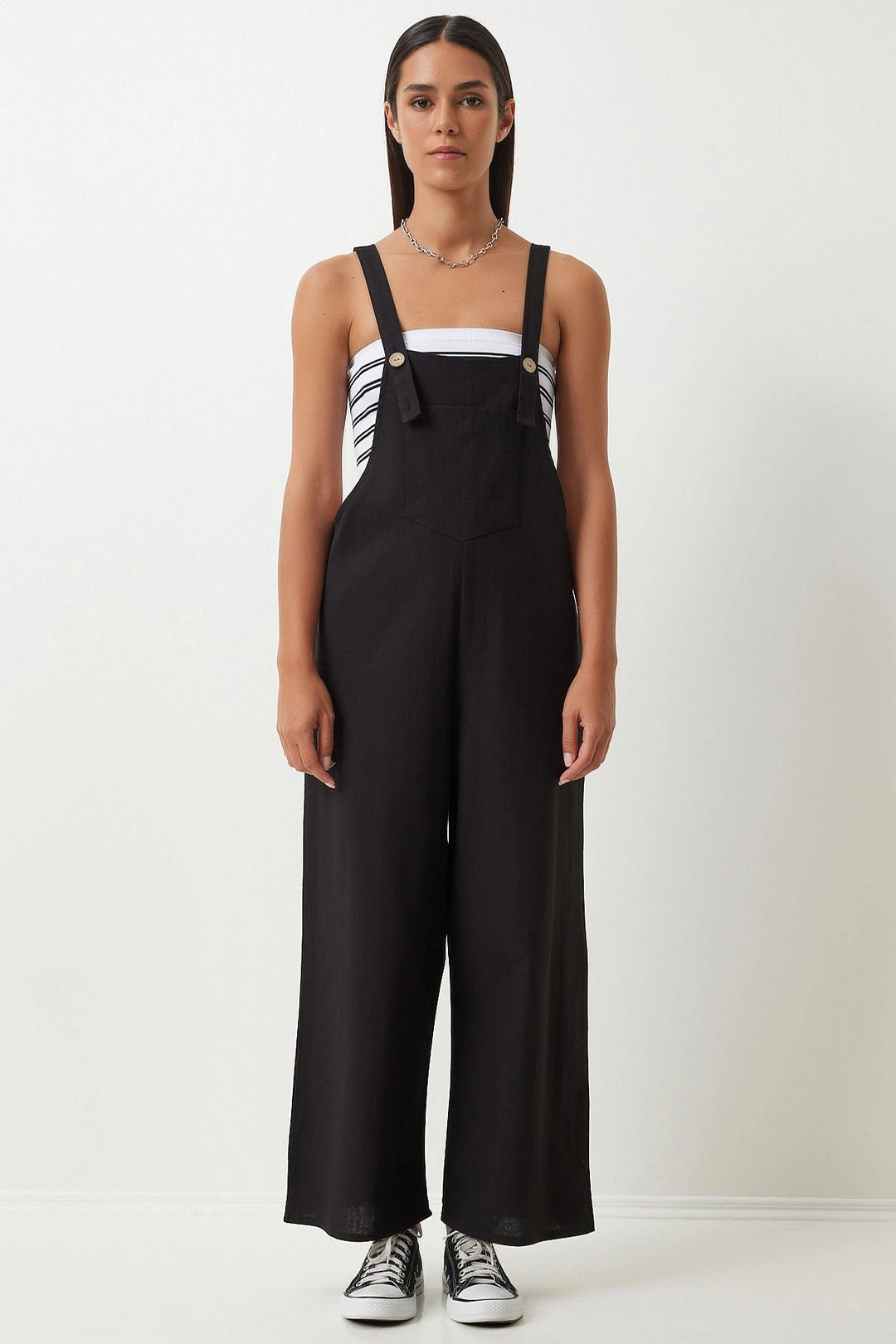 Dark Black Front Pocketed Strapped Summer Gabardine Gardener Jumpsuit - Brampton