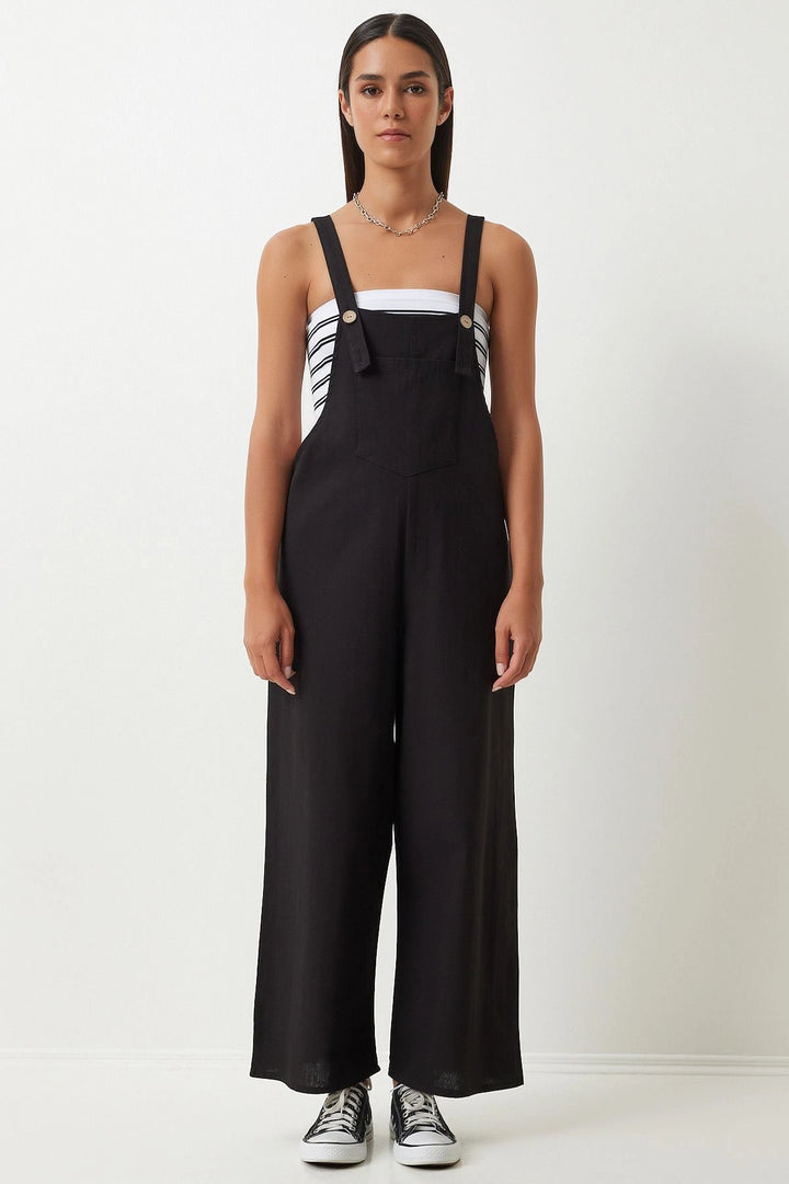 Dark Black Front Pocketed Strapped Summer Gabardine Gardener Jumpsuit - Brampton