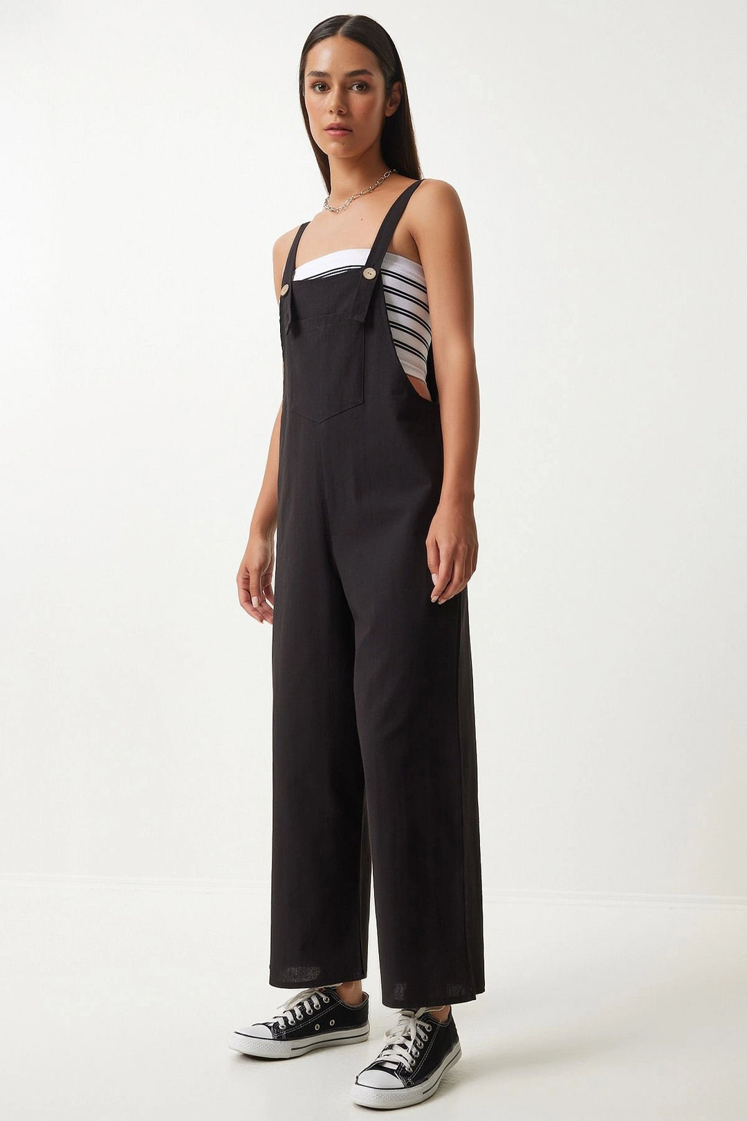 Dark Black Front Pocketed Strapped Summer Gabardine Gardener Jumpsuit - Brampton