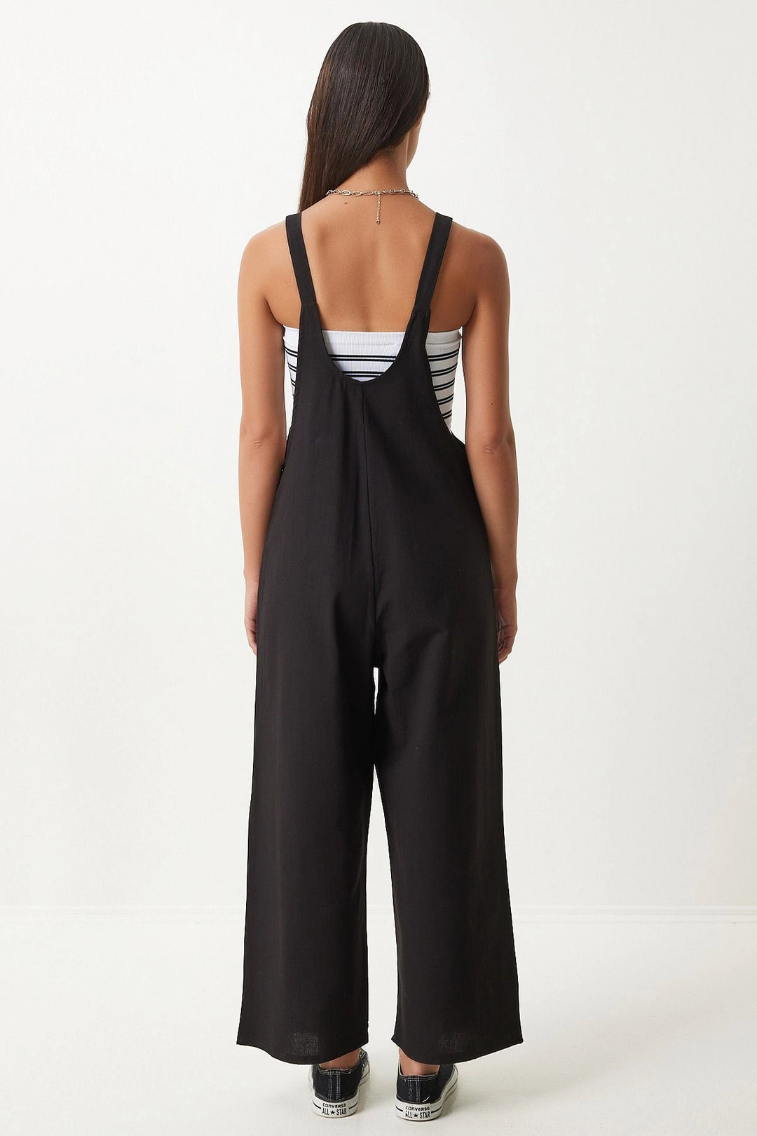 Dark Black Front Pocketed Strapped Summer Gabardine Gardener Jumpsuit - Brampton
