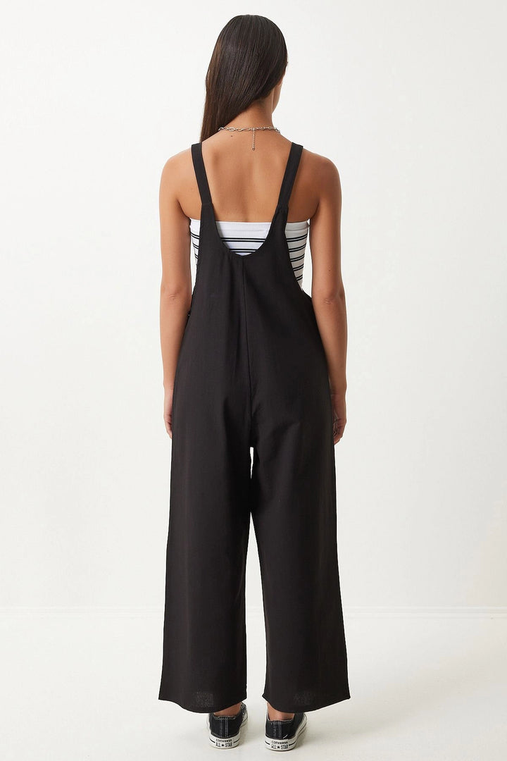 Dark Black Front Pocketed Strapped Summer Gabardine Gardener Jumpsuit - Brampton
