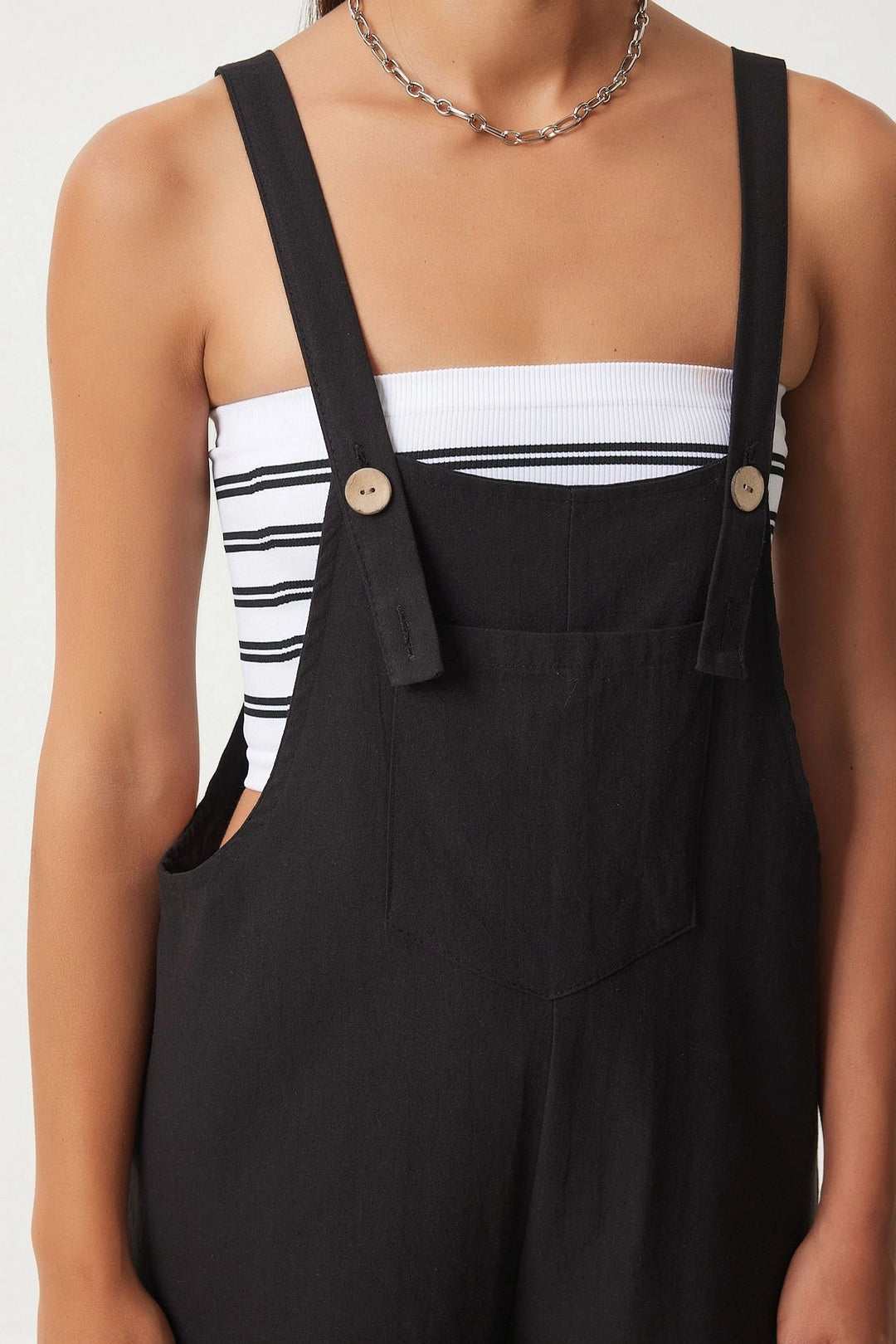 Dark Black Front Pocketed Strapped Summer Gabardine Gardener Jumpsuit - Brampton