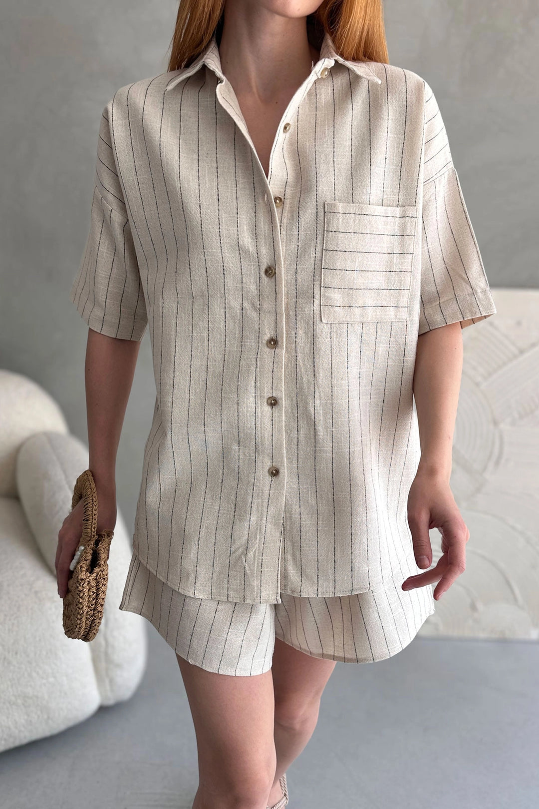 Cream Aerobin Linen Short Sleeve T-shirt and Shorts Set BCDF-253608 - Cieza