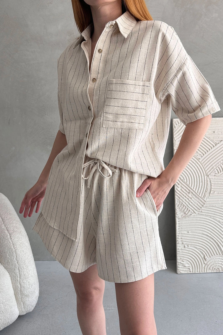 Cream Aerobin Linen Short Sleeve T-shirt and Shorts Set BCDF-253608 - Cieza