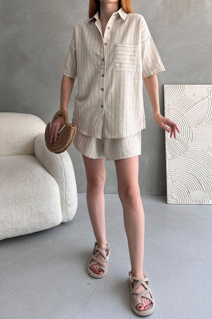 Cream Aerobin Linen Short Sleeve T-shirt and Shorts Set BCDF-253608 - Cieza