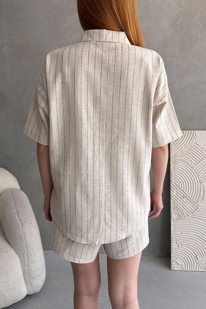 Cream Aerobin Linen Short Sleeve T-shirt and Shorts Set BCDF-253608 - Cieza
