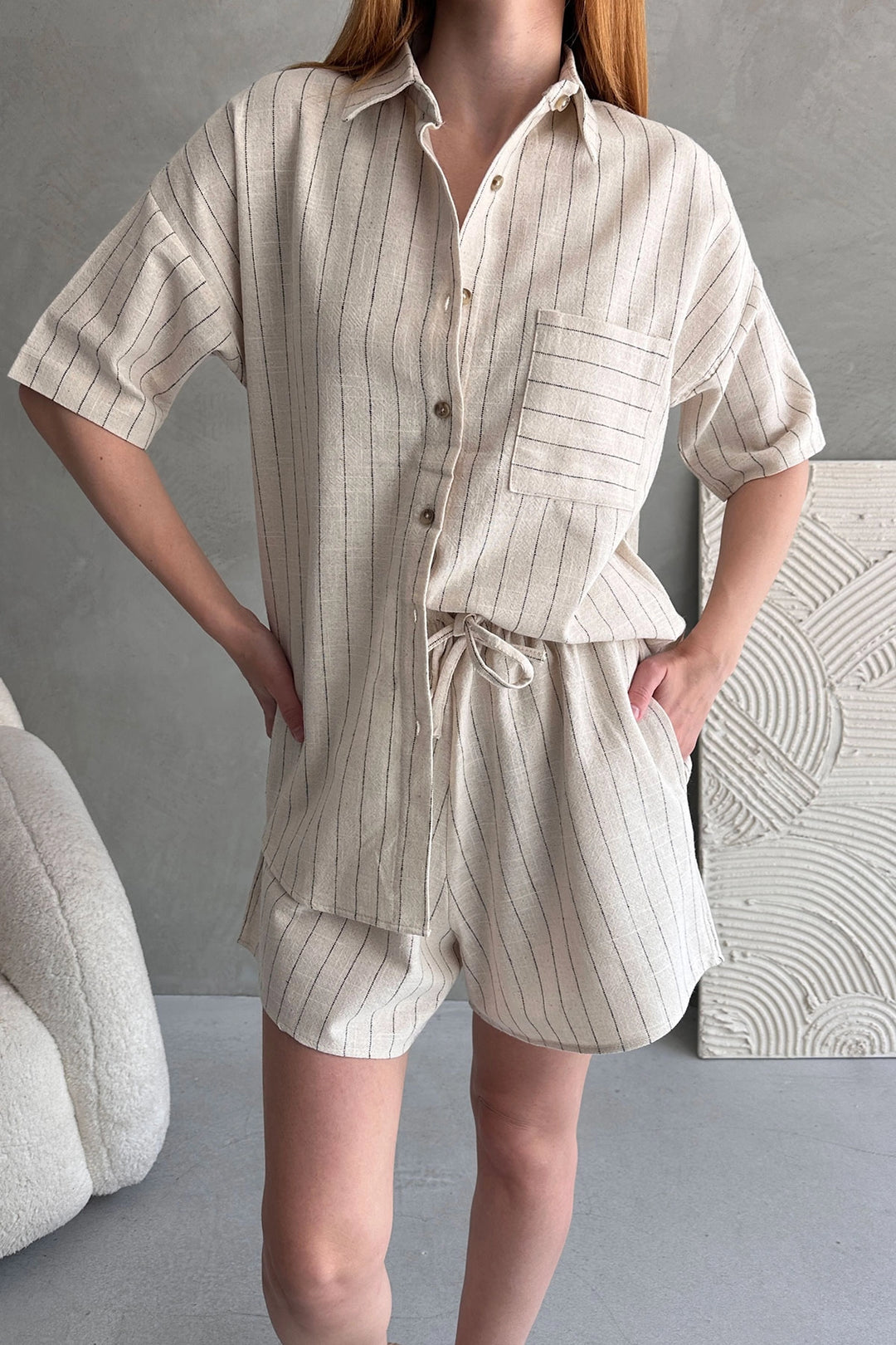 Cream Aerobin Linen Short Sleeve T-shirt and Shorts Set BCDF-253608 - Cieza