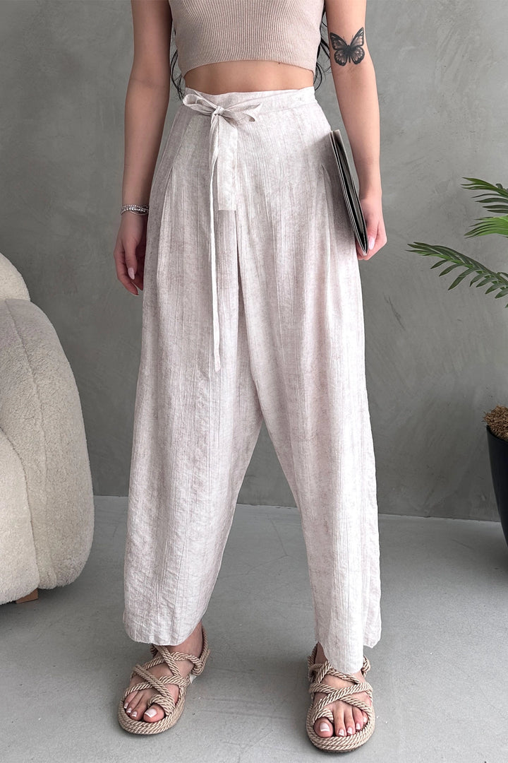 Cream Belted Envelope Cut Loose Linen Woven Trousers BCDF-251108 - Sale