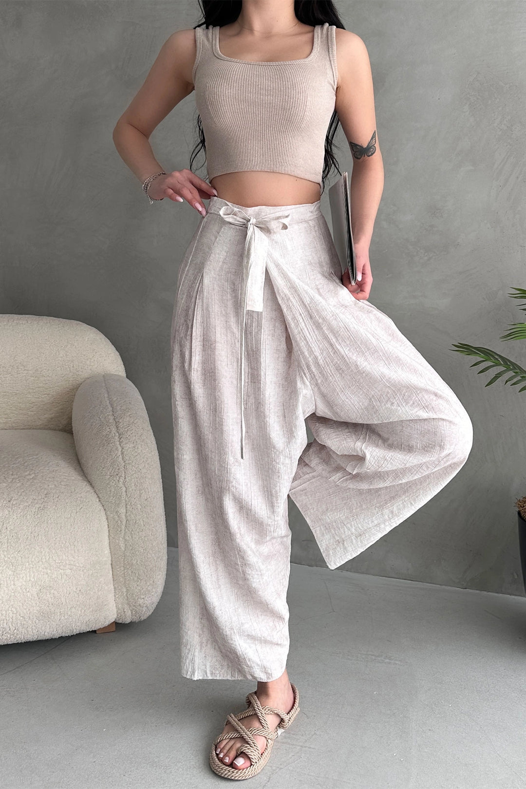 Cream Belted Envelope Cut Loose Linen Woven Trousers BCDF-251108 - Sale