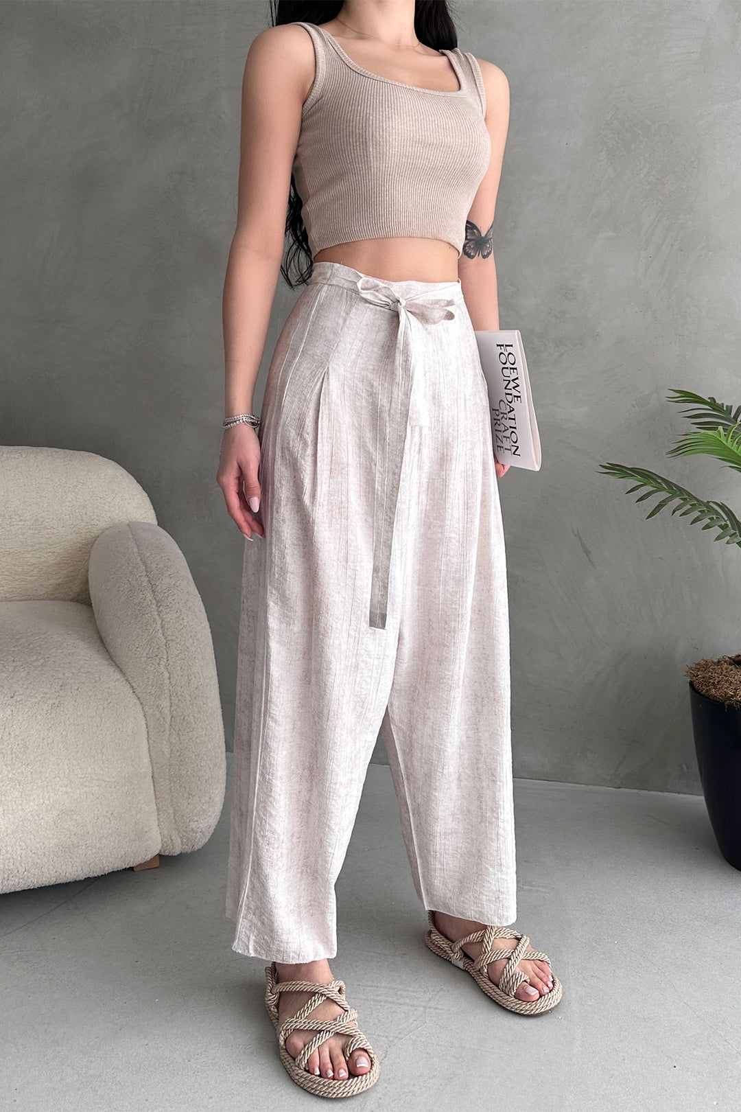 Cream Belted Envelope Cut Loose Linen Woven Trousers BCDF-251108 - Sale