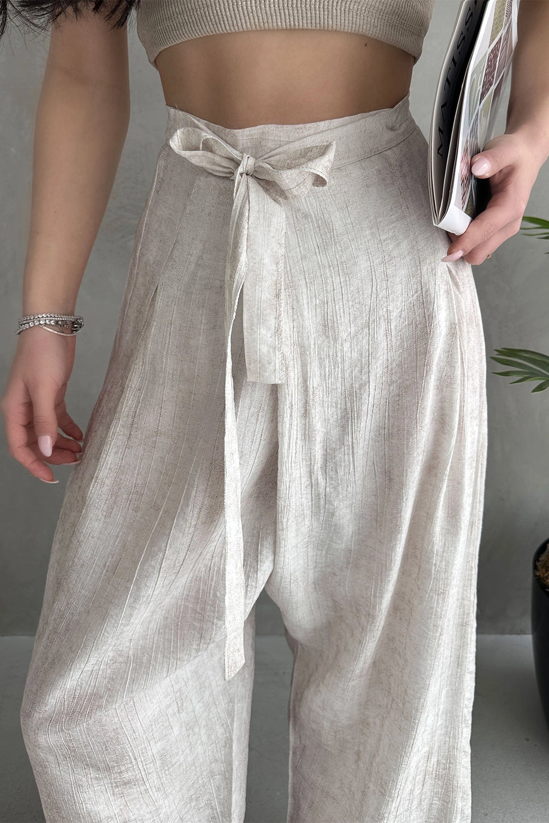 Cream Belted Envelope Cut Loose Linen Woven Trousers BCDF-251108 - Sale