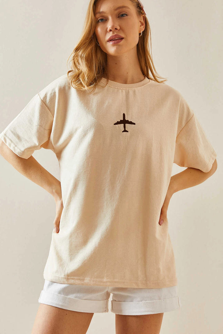 Cream Bicycle Collar Two Thread Embroidered Oversize Cotton T-Shirt BC241120 - Königswinter
