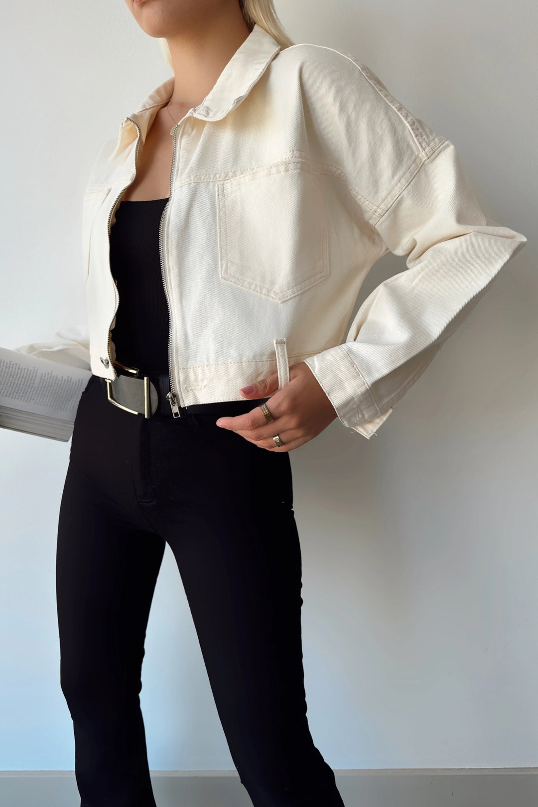 Cream Double Pocket Zippered Washable Crop Denim Jacket BCDF-235410 - Herstal