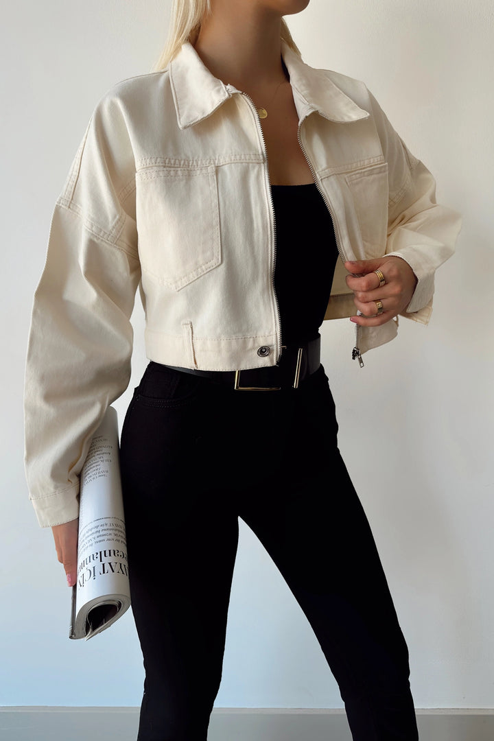 Cream Double Pocket Zippered Washable Crop Denim Jacket BCDF-235410 - Herstal
