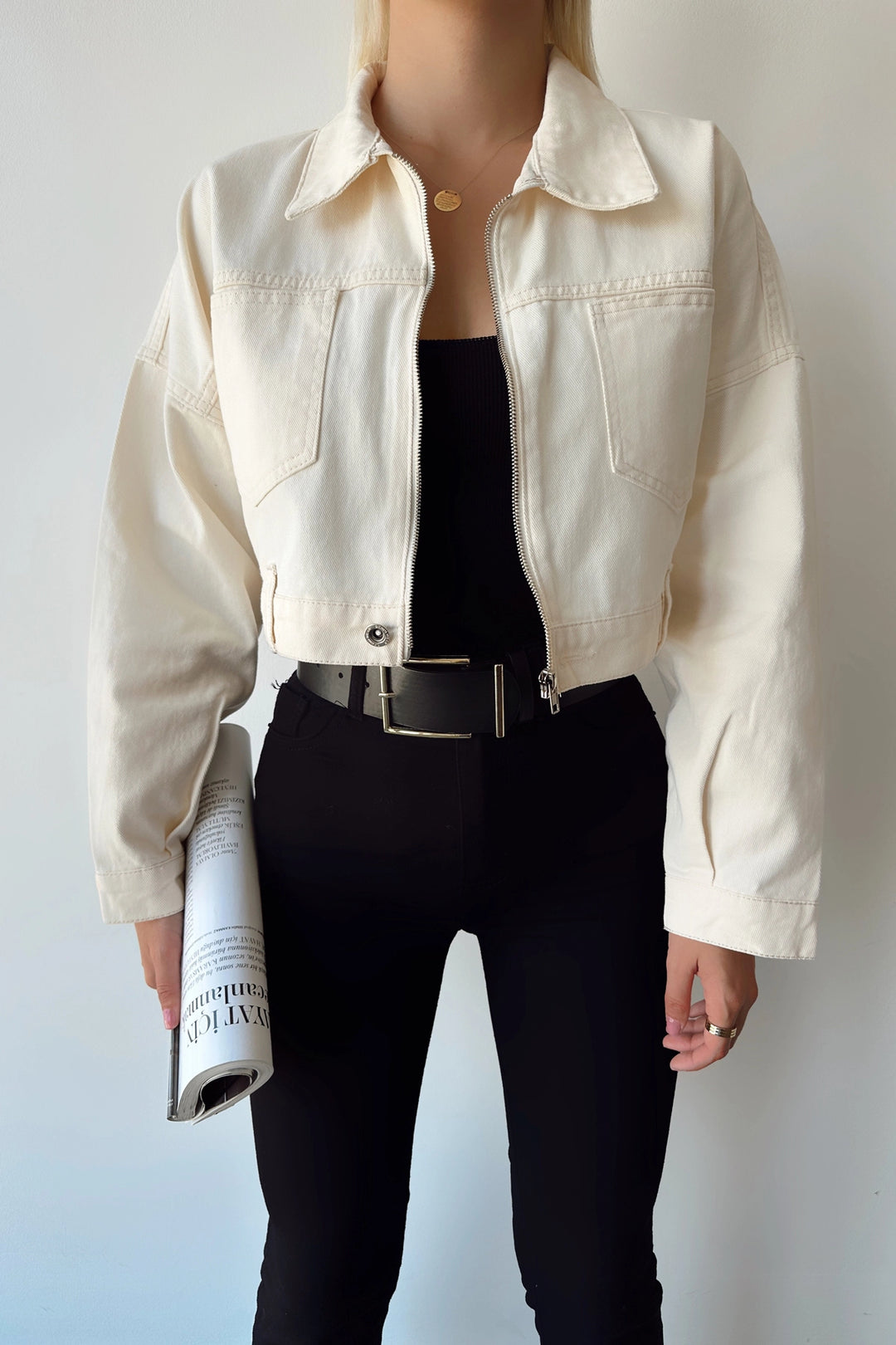 Cream Double Pocket Zippered Washable Crop Denim Jacket BCDF-235410 - Herstal