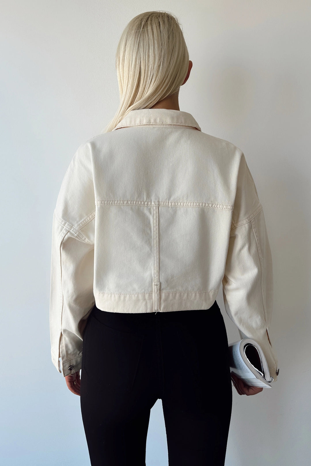 Cream Double Pocket Zippered Washable Crop Denim Jacket BCDF-235410 - Herstal