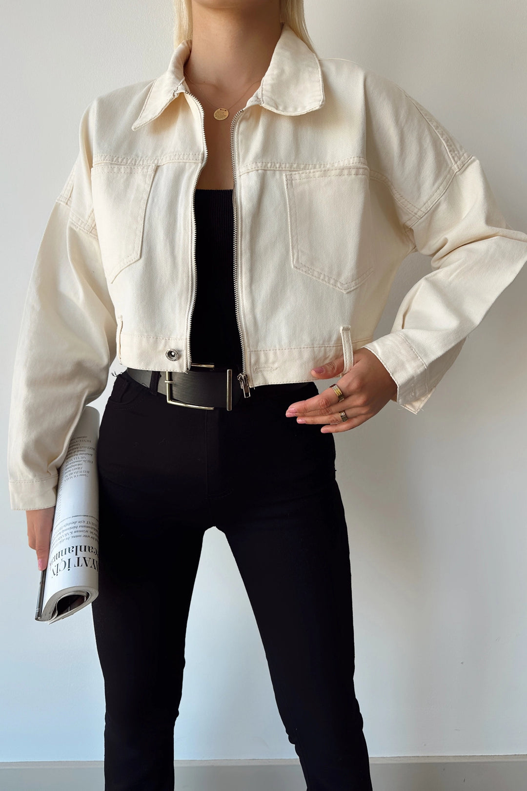 Cream Double Pocket Zippered Washable Crop Denim Jacket BCDF-235410 - Herstal