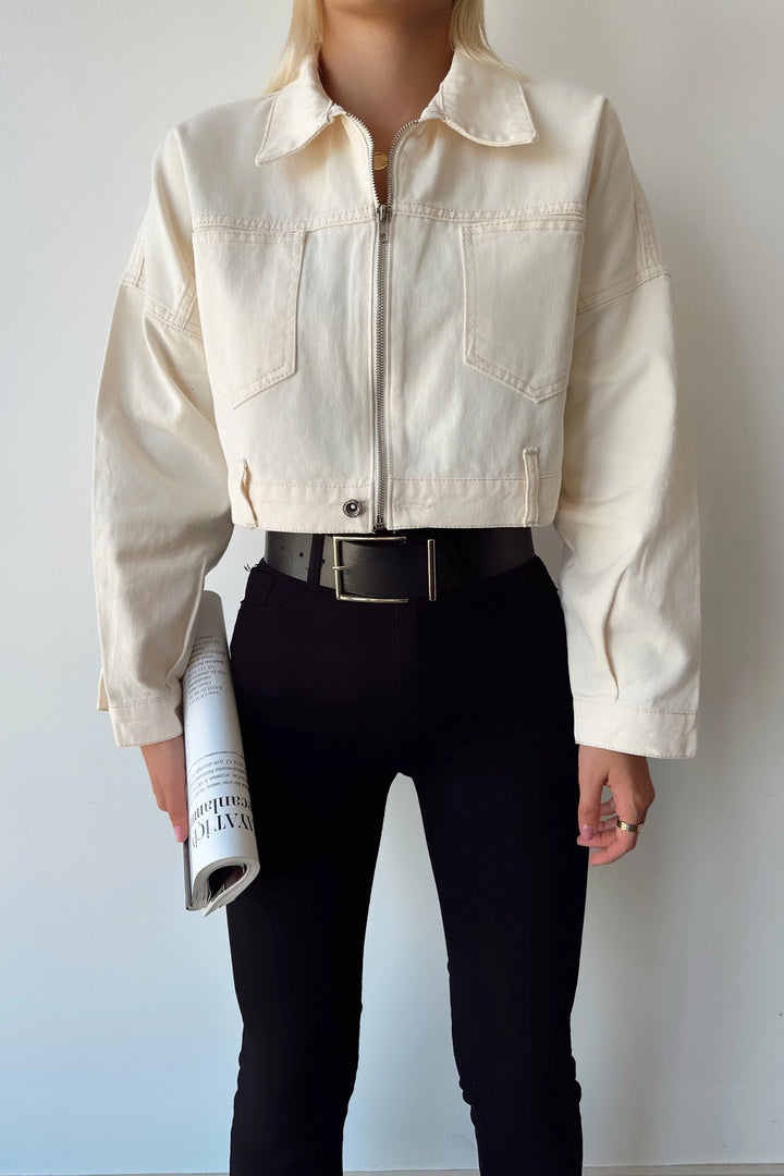 Cream Double Pocket Zippered Washable Crop Denim Jacket BCDF-235410 - Herstal