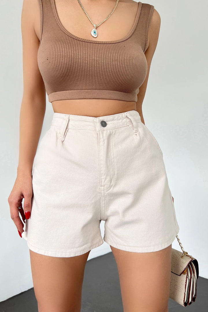 Cream Double Pocket Pleated Mini Denim Shorts BCDF-233302 - Shawinigan