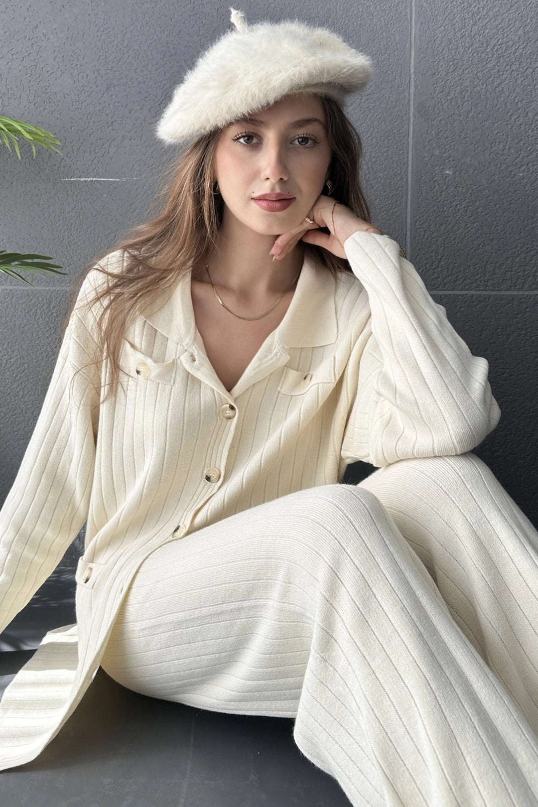 Cream Button Detailed Ribbed 2 Piece Knitwear Set BC24A2017 - Dachau