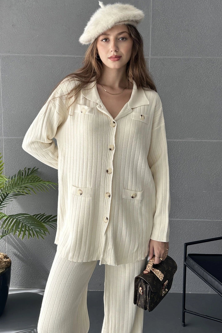 Cream Button Detailed Ribbed 2 Piece Knitwear Set BC24A2017 - Dachau
