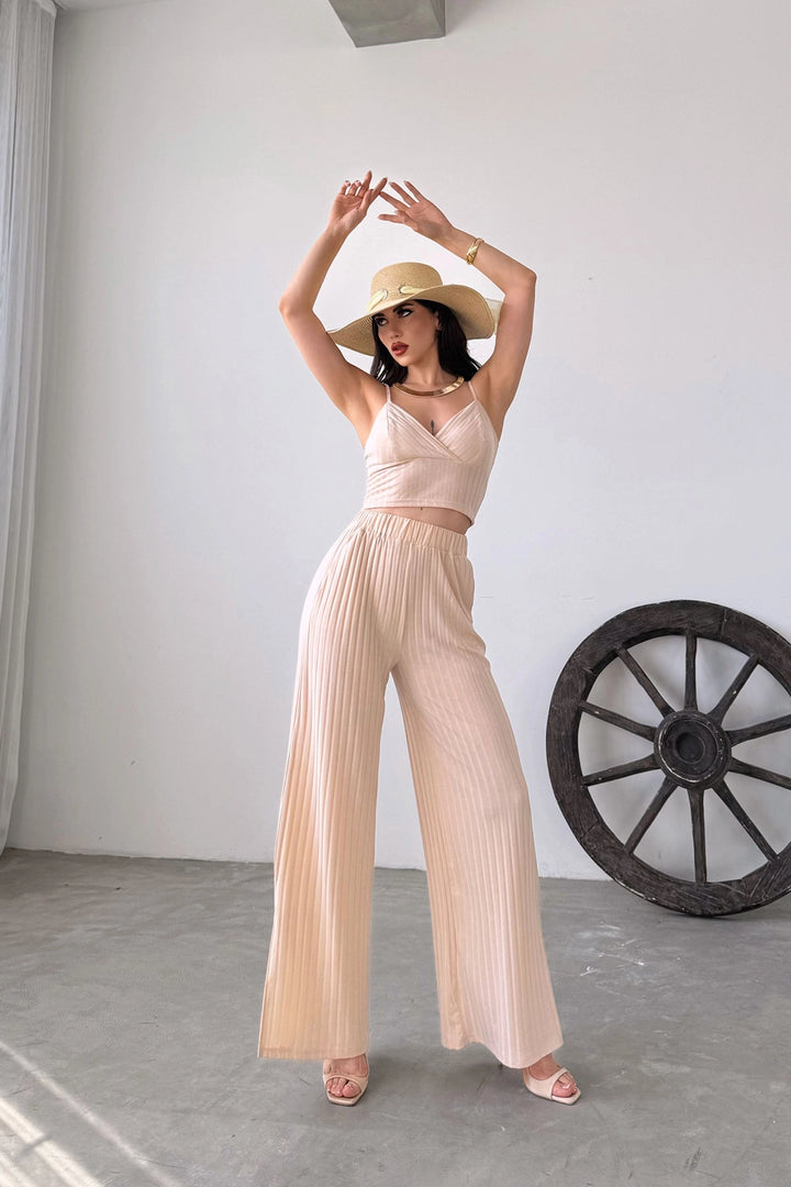 Cream Cropped Blouse with String Straps and Pants with Slit Detail Set BCDF-251084 - Bondy