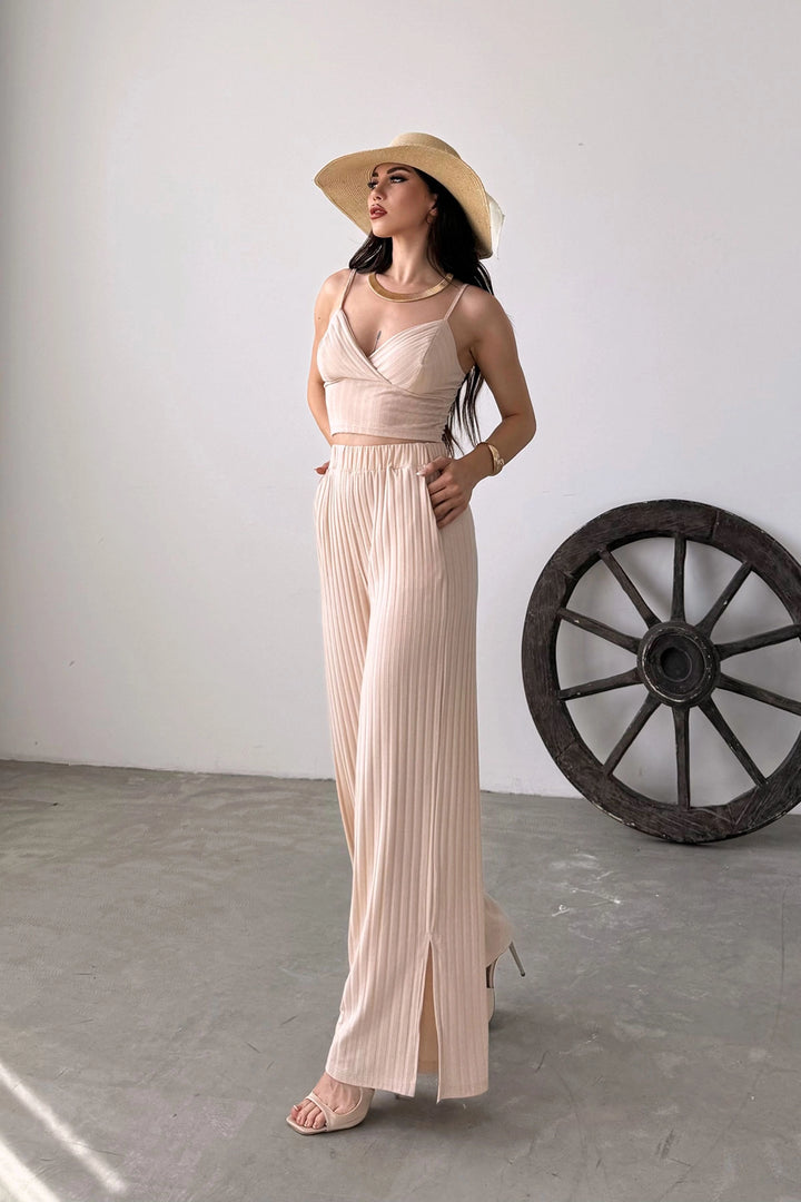 Cream Cropped Blouse with String Straps and Pants with Slit Detail Set BCDF-251084 - Bondy