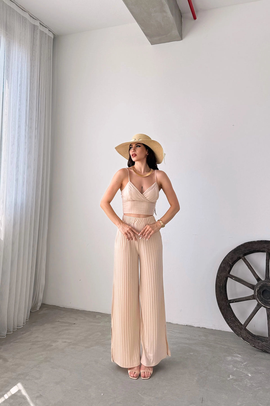 Cream Cropped Blouse with String Straps and Pants with Slit Detail Set BCDF-251084 - Bondy