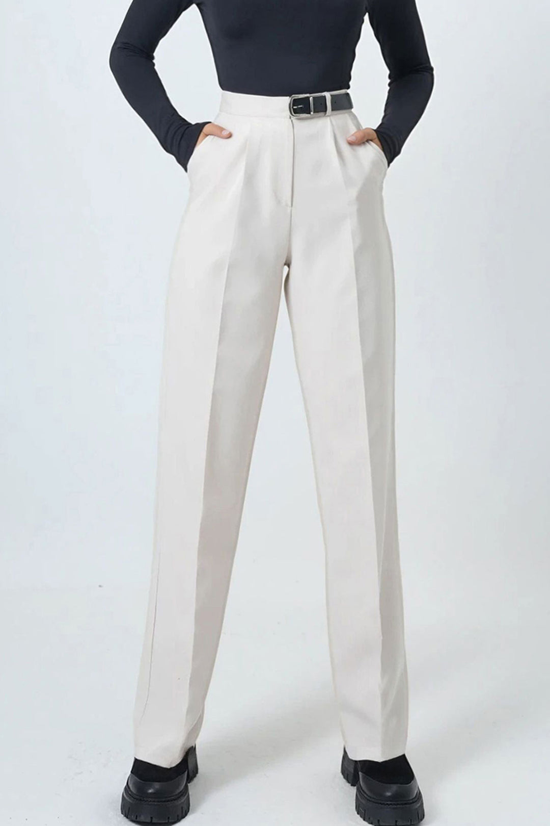 Cream Belted Button Closure Double Pocket Palazzo Pants BCHAV-251230 - Culver City