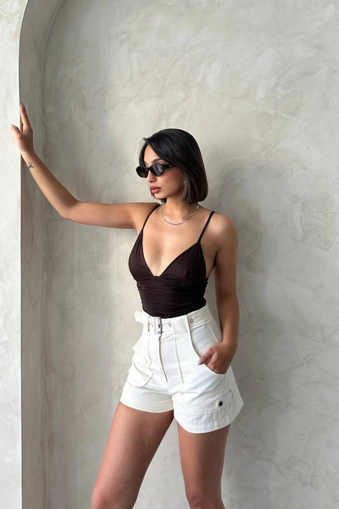 Cream Gabardine Summer Shorts with Self-Belted Pockets BCHN-2525289 - Harlingen