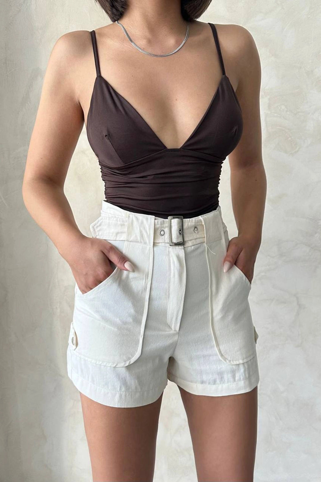 Cream Gabardine Summer Shorts with Self-Belted Pockets BCHN-2525289 - Harlingen