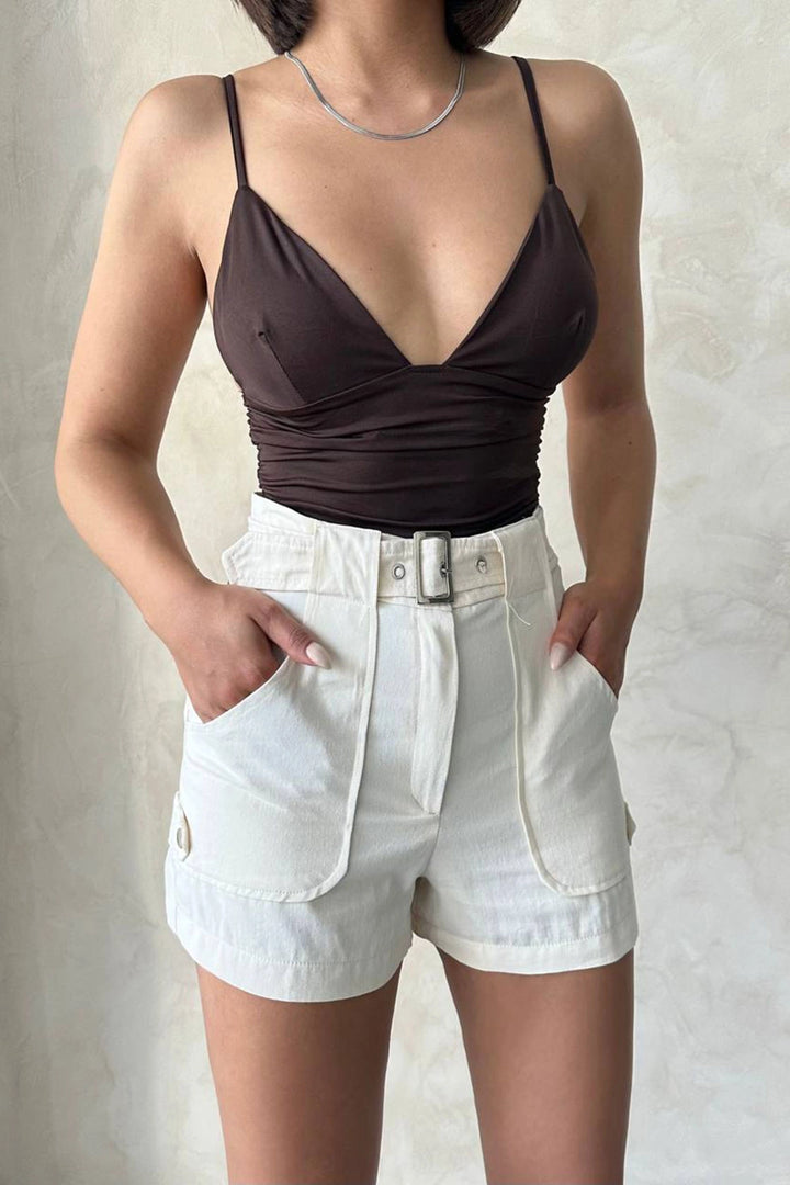 Cream Gabardine Summer Shorts with Self-Belted Pockets BCHN-2525289 - Harlingen