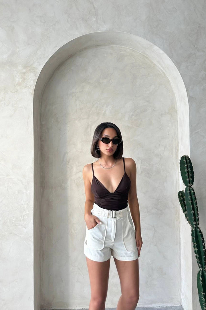Cream Gabardine Summer Shorts with Self-Belted Pockets BCHN-2525289 - Harlingen