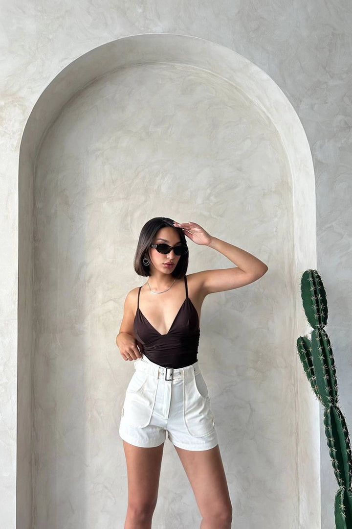 Cream Gabardine Summer Shorts with Self-Belted Pockets BCHN-2525289 - Harlingen