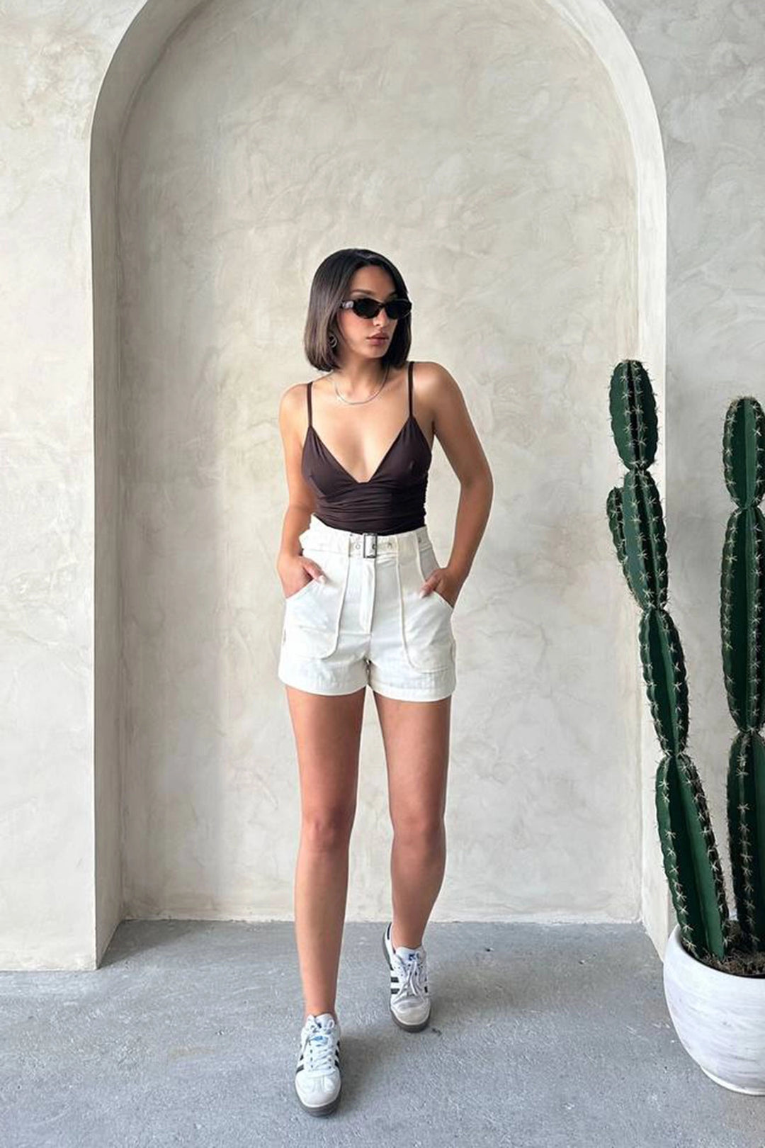 Cream Gabardine Summer Shorts with Self-Belted Pockets BCHN-2525289 - Harlingen