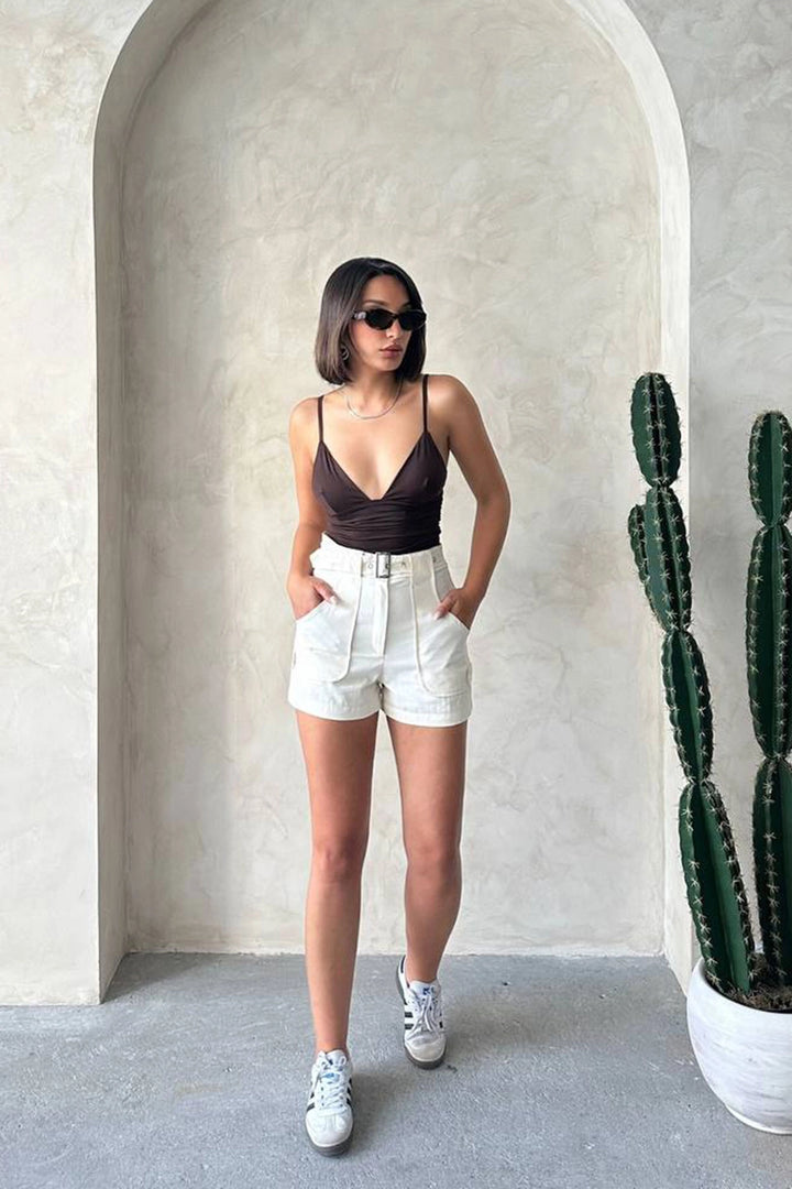 Cream Gabardine Summer Shorts with Self-Belted Pockets BCHN-2525289 - Harlingen