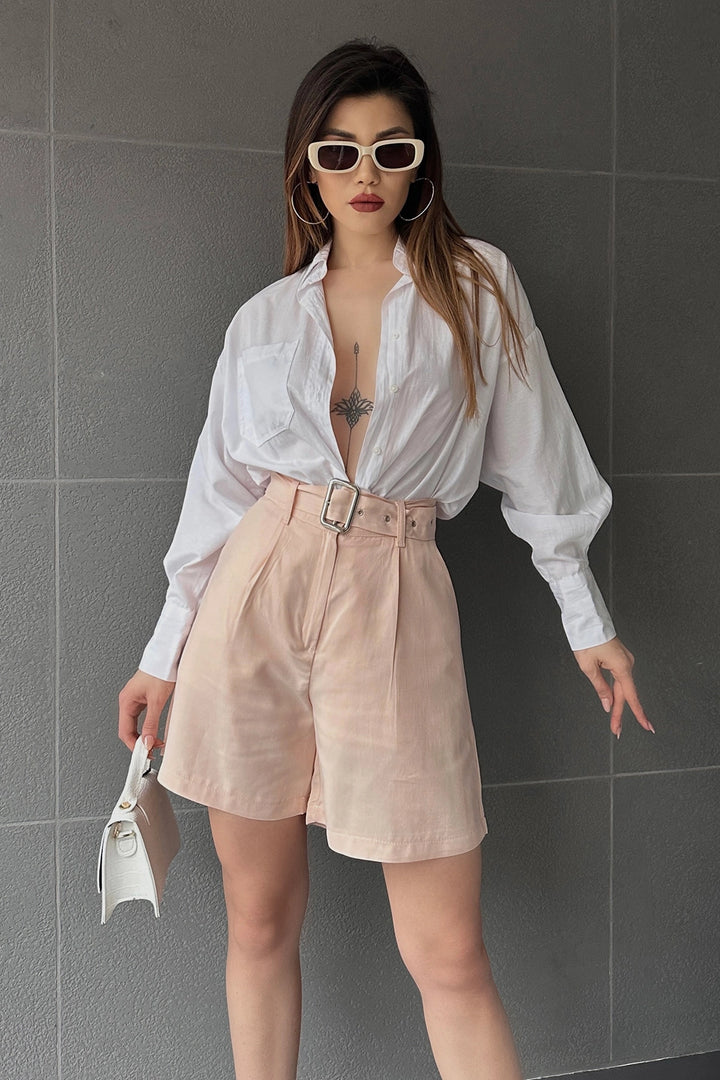 Cream High-Waisted Wide-Leg Mom Fit Shorts BCDF-233500 - Hagen