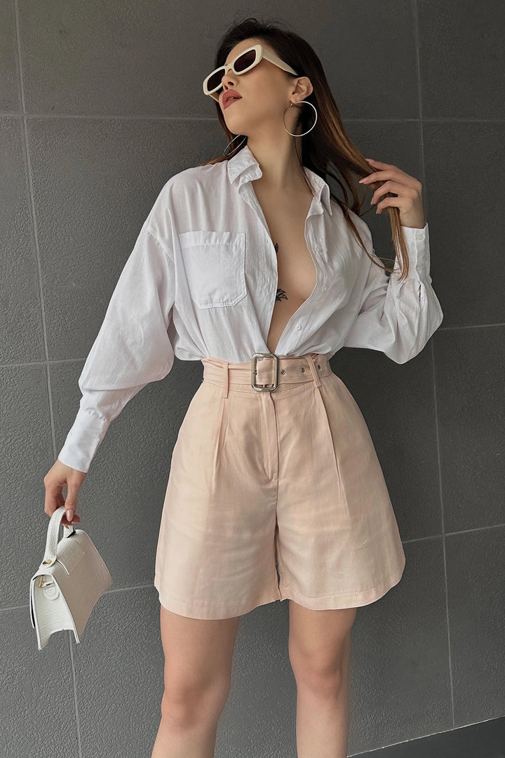 Cream High-Waisted Wide-Leg Mom Fit Shorts BCDF-233500 - Hagen