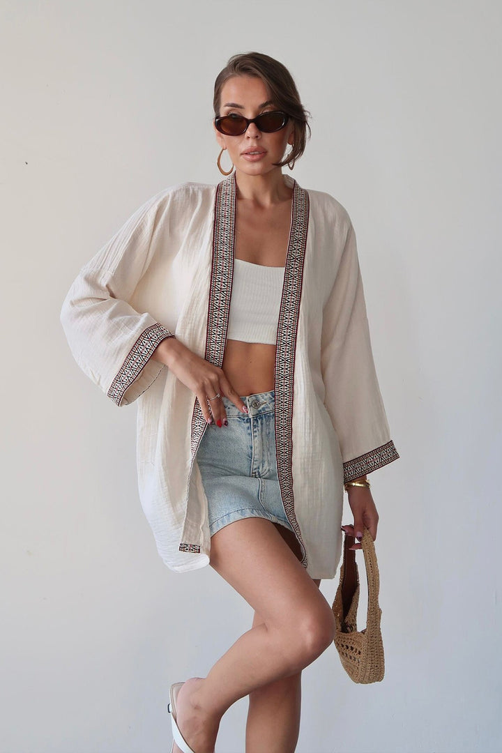 Krem Nakış Detaylı Keten Kimono - Waregem