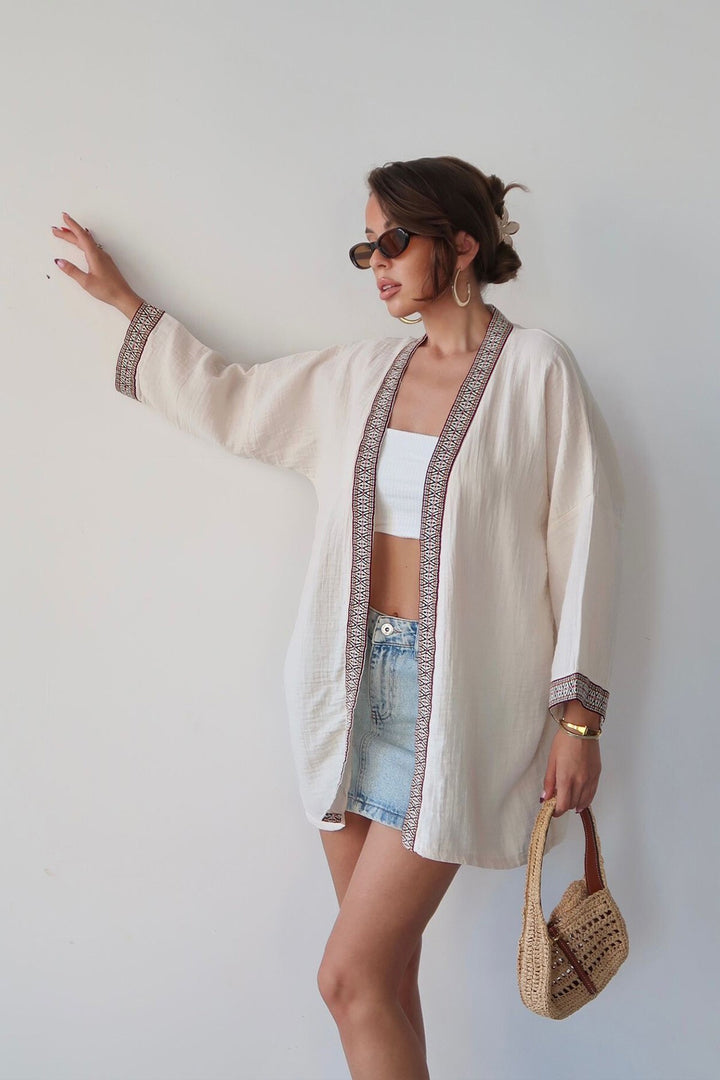 Krem Nakış Detaylı Keten Kimono - Waregem