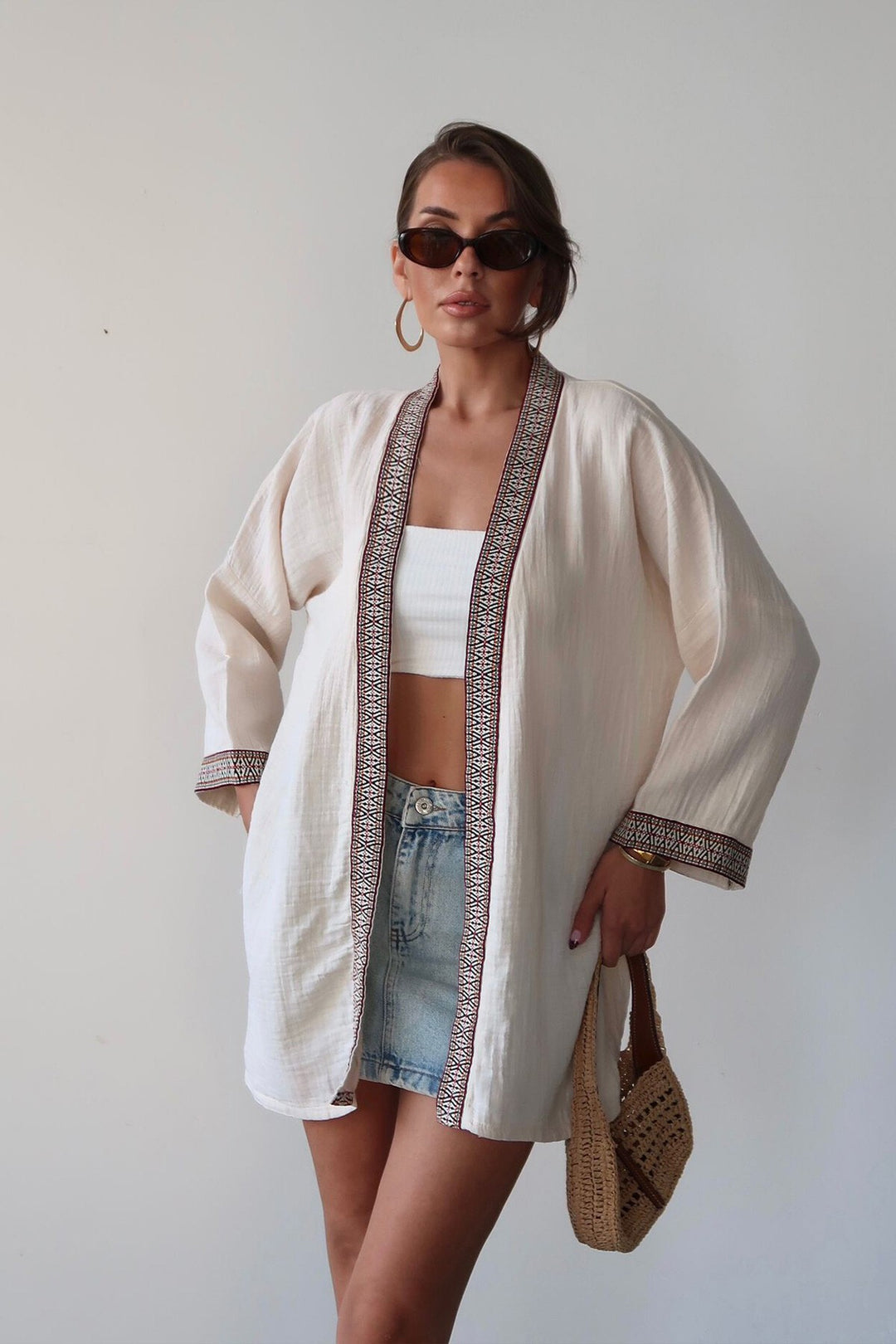 Krem Nakış Detaylı Keten Kimono - Waregem