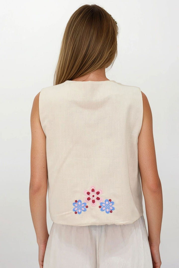Cream Embroidered Lace-Up Detailed Design Raw Linen Vest BCHESQ-251144 - Tournai