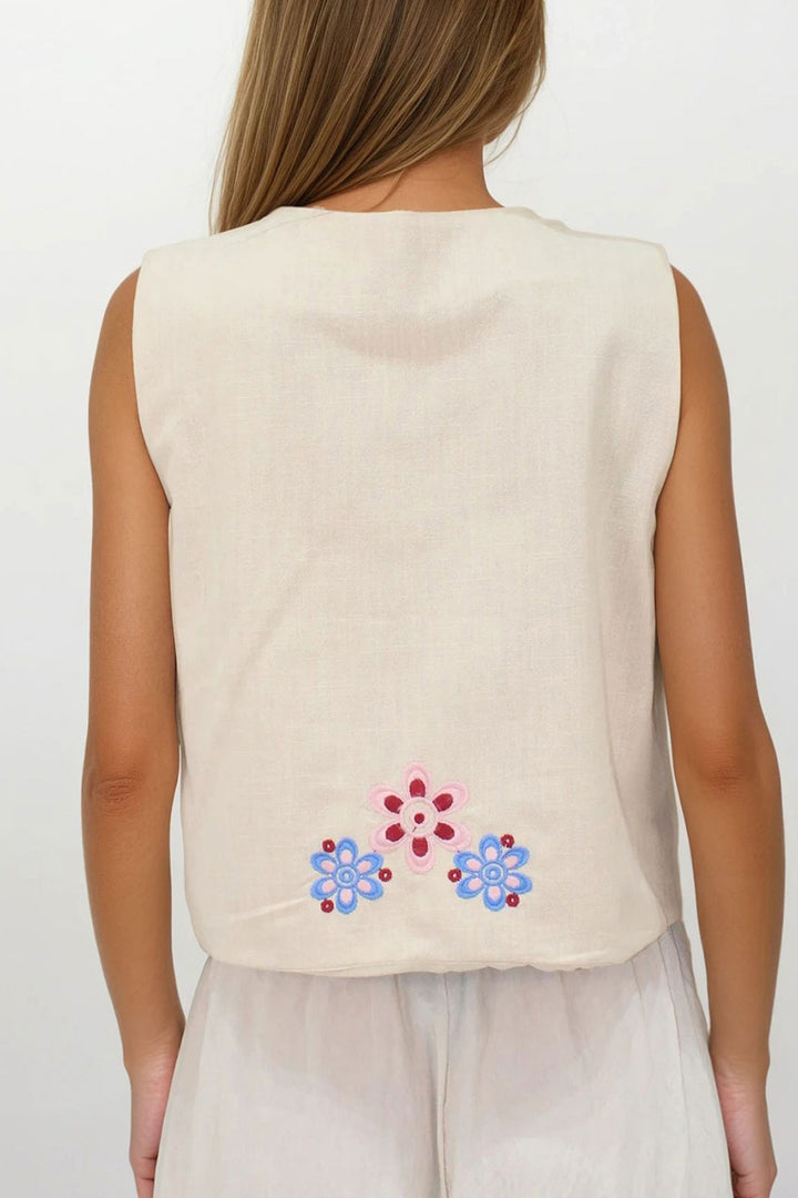 Cream Embroidered Lace-Up Detailed Design Raw Linen Vest BCHESQ-251144 - Tournai