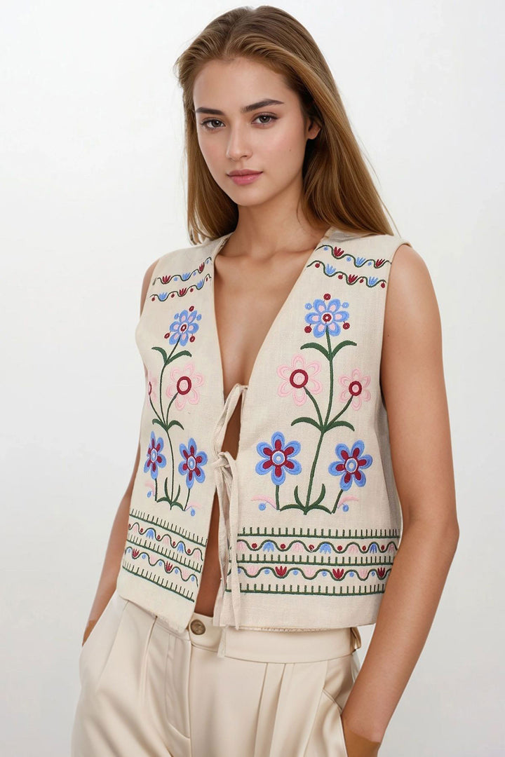 Cream Embroidered Lace-Up Detailed Design Raw Linen Vest BCHESQ-251144 - Tournai