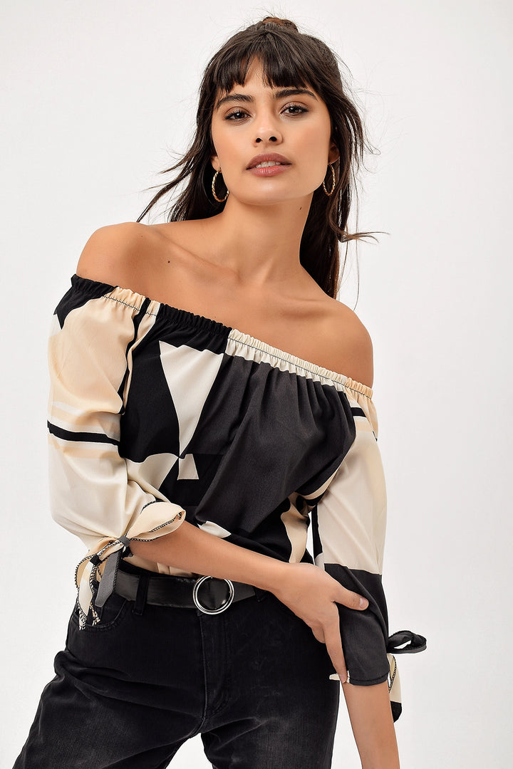 Cream Open Shoulder Patterned Blouse BCBSK-25700-H5013 - Syracuse
